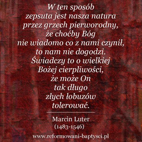 Reformowani Baptyści Zielona Góra: "W ten sposób zepsuta jest nasza natura przez grzech pierworodny, że choćby Bóg nie wiadomo co z nami czynił, to nam nie dogodzi. Świadczy to o wielkiej Bożej cierpliwości, że może On tak długo złych łobuzów tolerować" – Marcin Luter (1483-1546). 